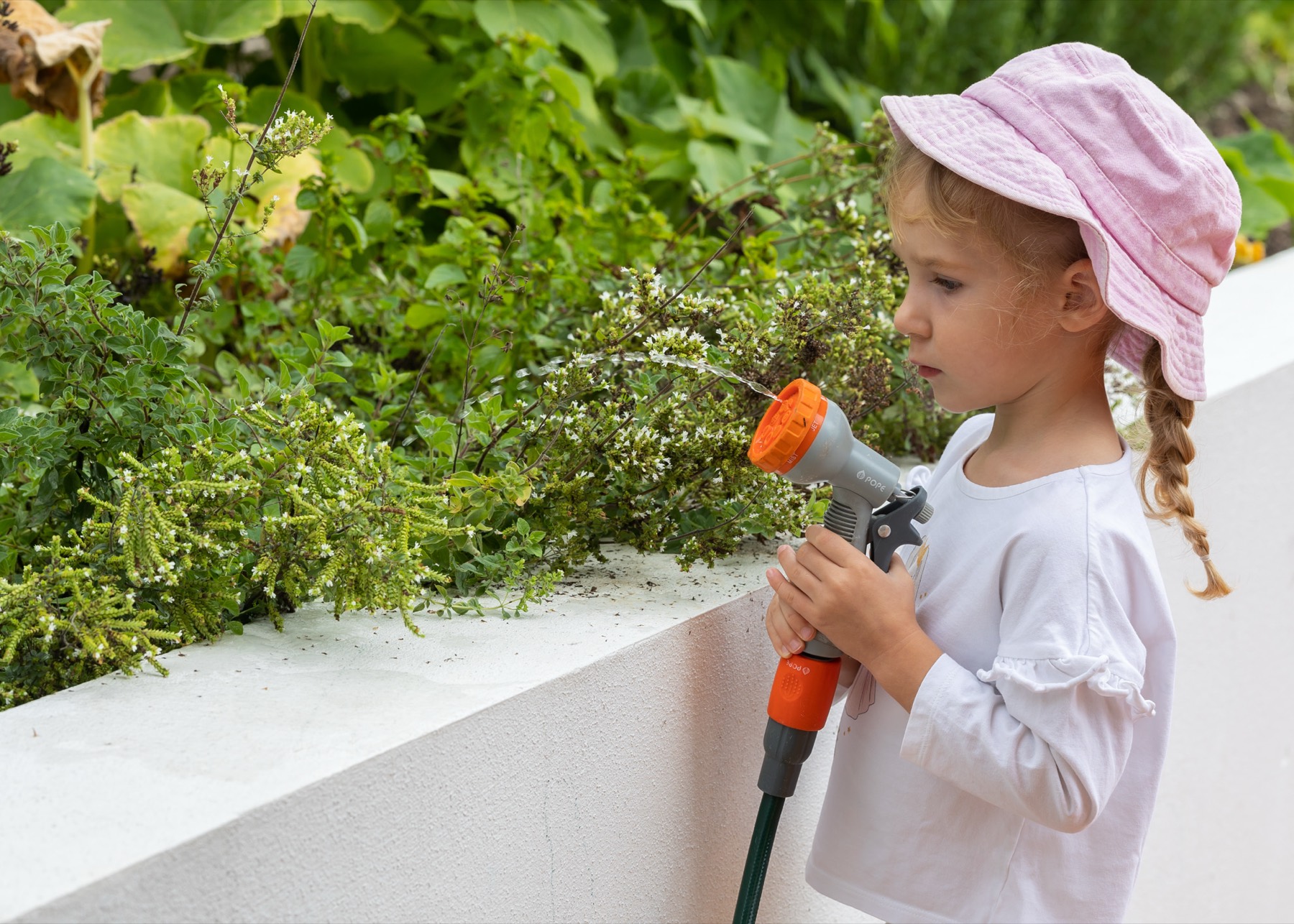 A child watering the garden beds